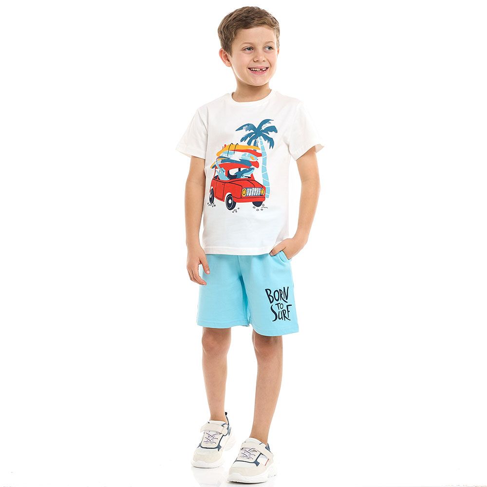 Victor And Jane - 2pc-Set - Boy's Car Printed T-Shirt And Shorts - Off-White/Blue