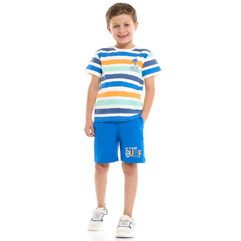 Victor And Jane - 2pc-Set - Boy's Striped T-Shirt And Shorts - Multicolor/Royal Blue