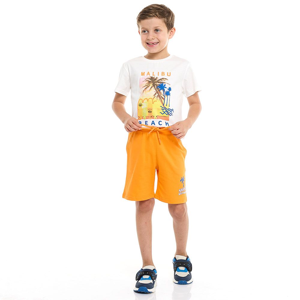 Victor And Jane - 2pc-Set - Boy's Beach Printed T-Shirt And Shorts - Off-White/Orange