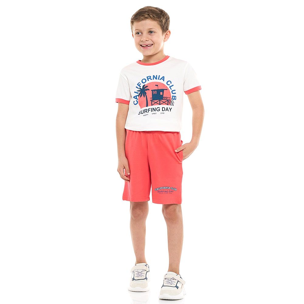 Victor And Jane - 2pc-Set - Boy's Surfing Day Printed T-Shirt And Shorts - Off-White/Coral