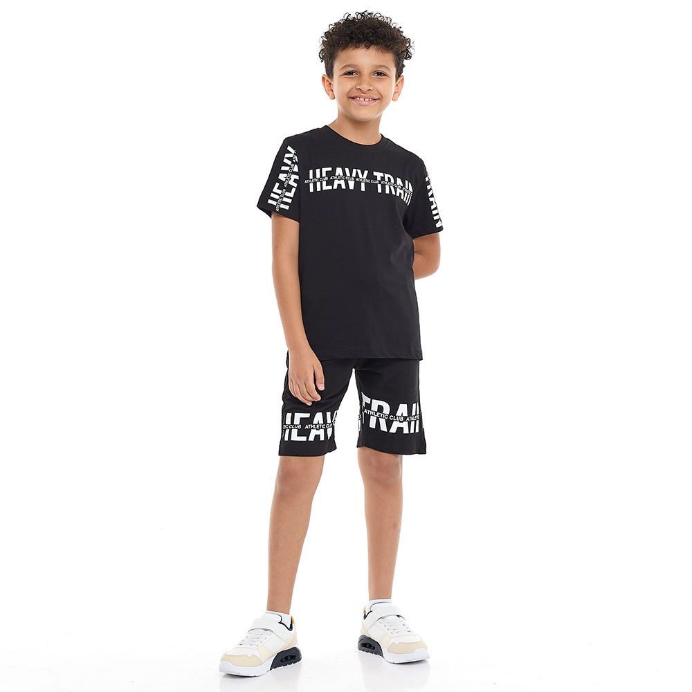 Victor And Jane - 2pc-Set - Boy's Slogan Printed T-Shirt & Shorts - Black