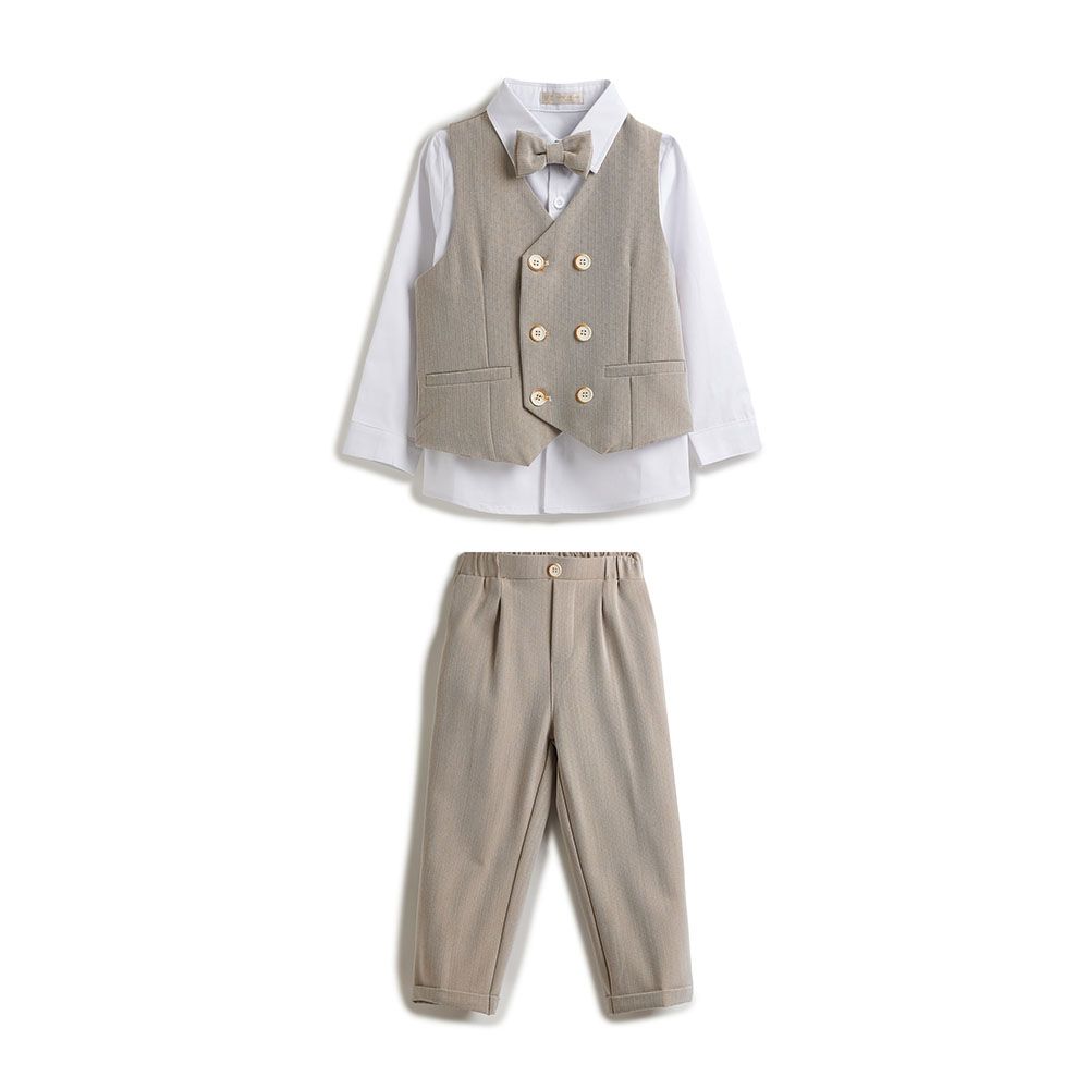 Victor And Jane - 3pc-Set - Boy's Shirt With Bow Tie, Waistcoat & Pants - Ecru/White