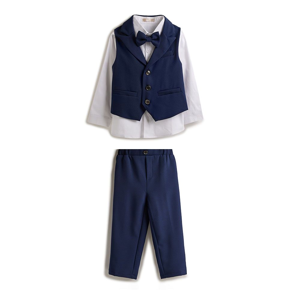 Victor And Jane - 3pc-Set - Boy's Shirt With Bow Tie, Waistcoat & Pants - Navy/White