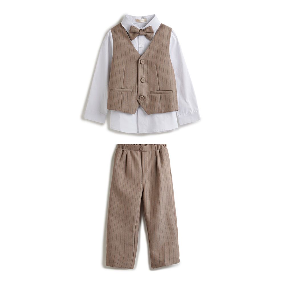 Victor And Jane - 3pc-Set - Boy's Shirt With Bow Tie, Striped Waistcoat & Pants - Light Brown/White