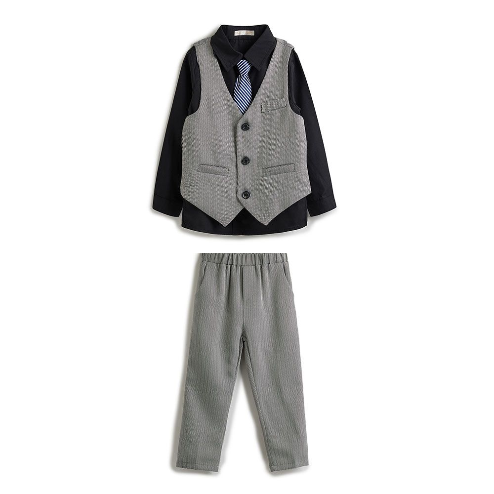 Victor And Jane - 3pc-Set - Boy's Shirt With Tie, Herringbone Waistcoat & Pants - Grey/Black