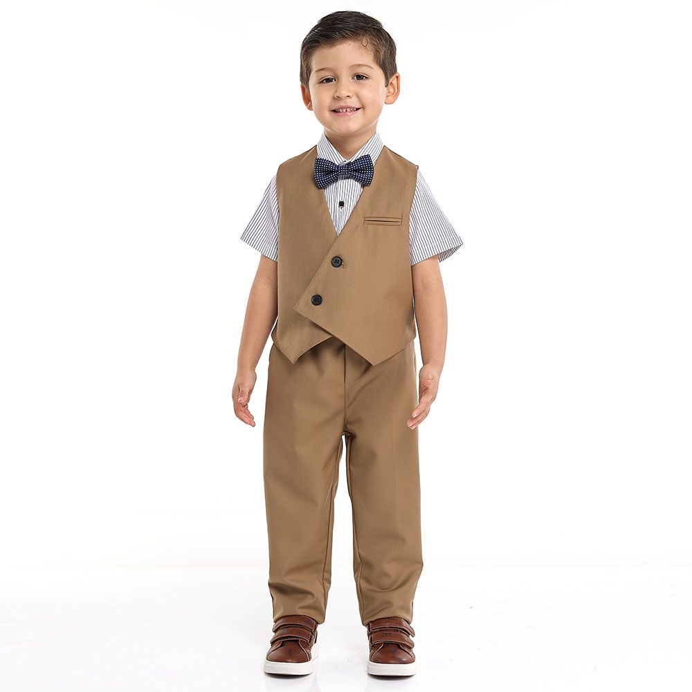 Victor And Jane - 3pc-Set - Boy's Shirt With Bow Tie, Waistcoat & Pants - Tan/White