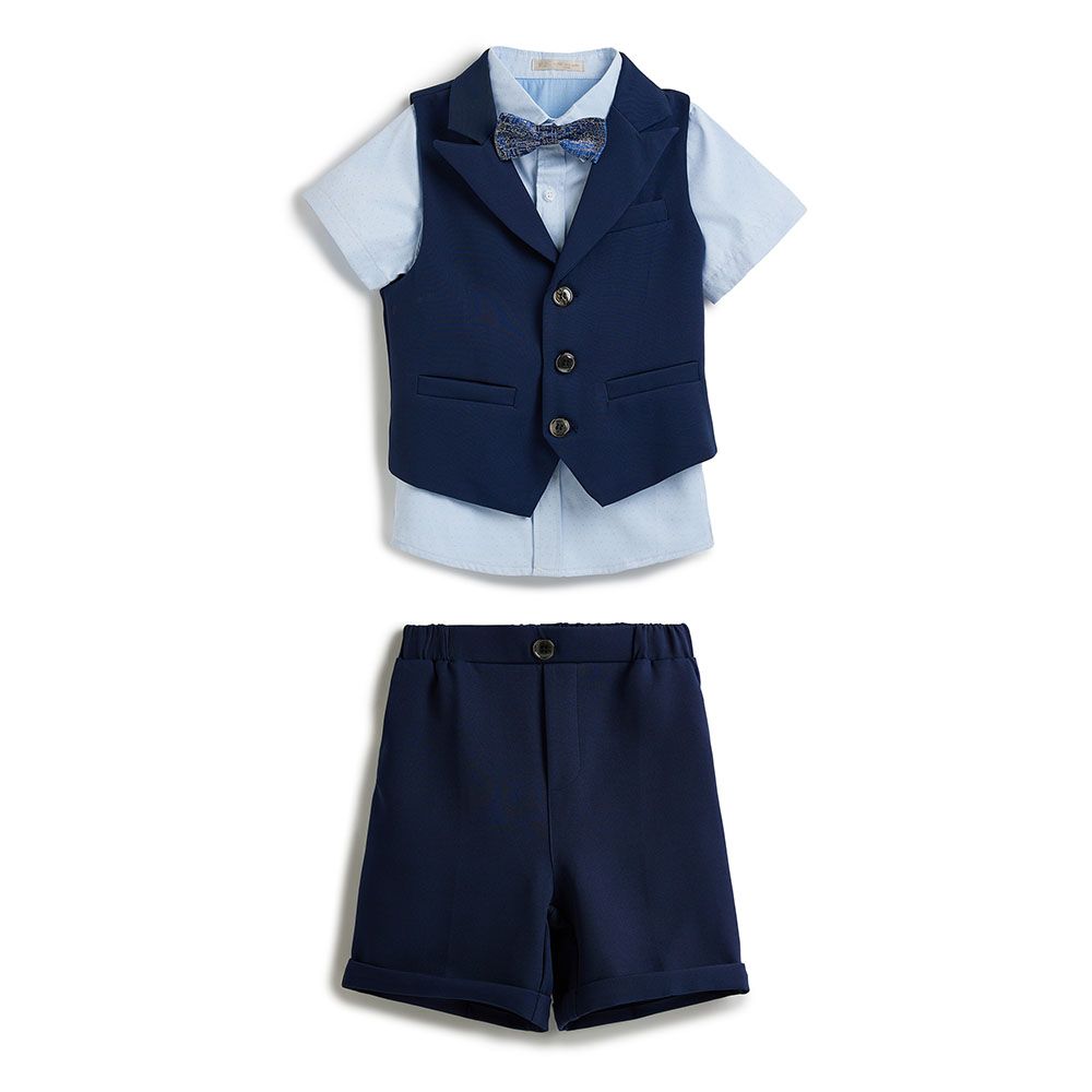 Victor and Jane - Blue Color Waistcoat + Shortsleeves Polo & Shorts Set With Bow Tie - 2 To 8Y