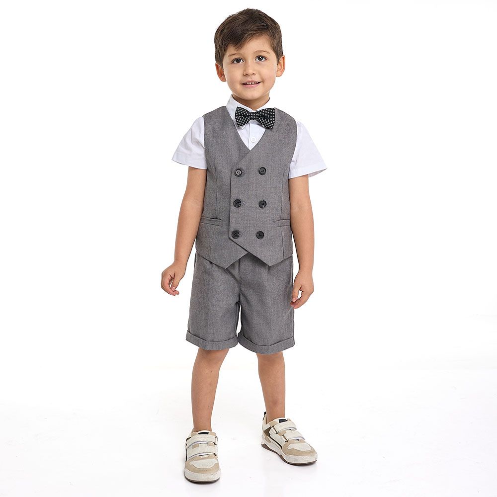 Victor and Jane - GreY Waistcoat + Shortsleeves Polo & Shorts Set With Bow Tie - 2 To 8Y