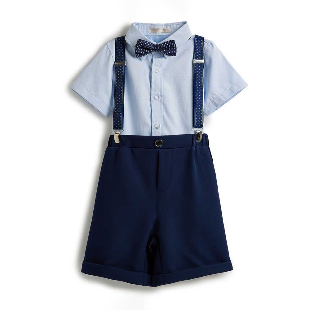 Victor And Jane - Boy's Collared Shirt & Bow Tie With Shorts - Blue