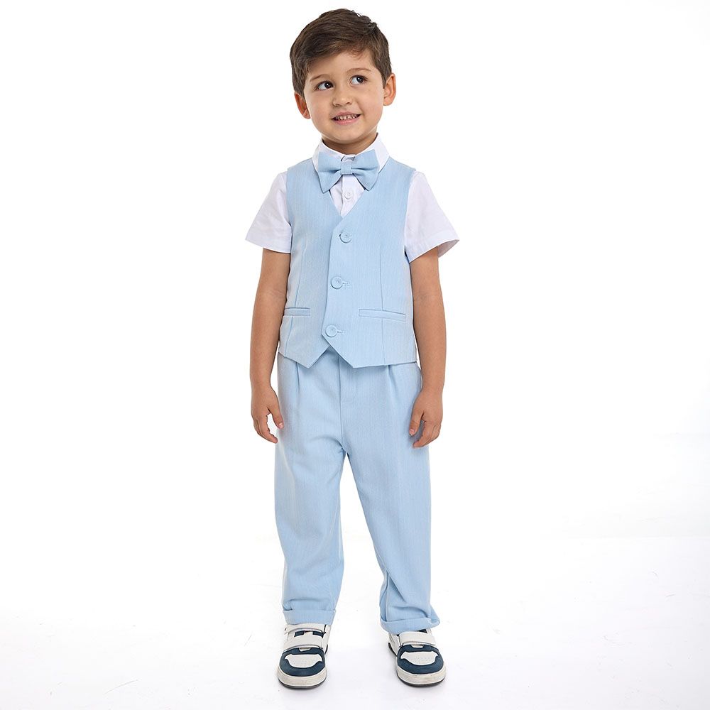 Victor And Jane - 3pc-Set - Boy's Shirt With Bow Tie, Waistcoat & Pants - Light Blue/White