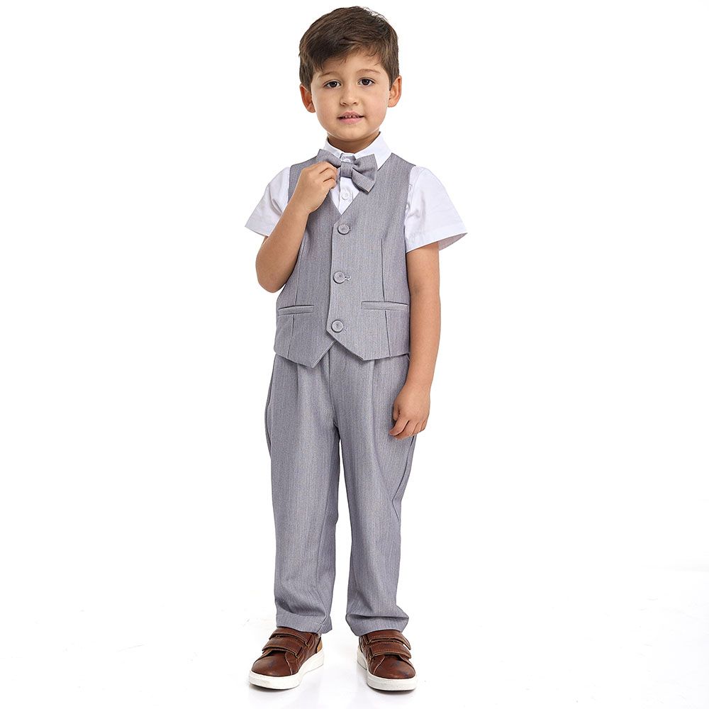 Victor and Jane - Lt. GreY Waistcoat With Shortsleeve Polo & Pants Set With Bow Tie - 2 To 8Y