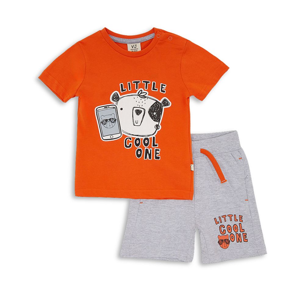 Victor and Jane - 2pc-Set - Baby Boy Little Cool One T-Shirt & Shorts Set - Orange/Grey