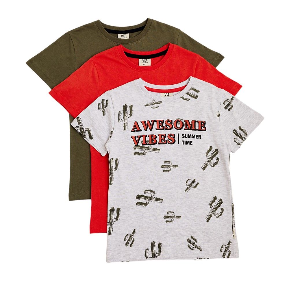 Victor and Jane - Junior Boys' T-Shirt - 3pc Set - Grey, Coral & Olive