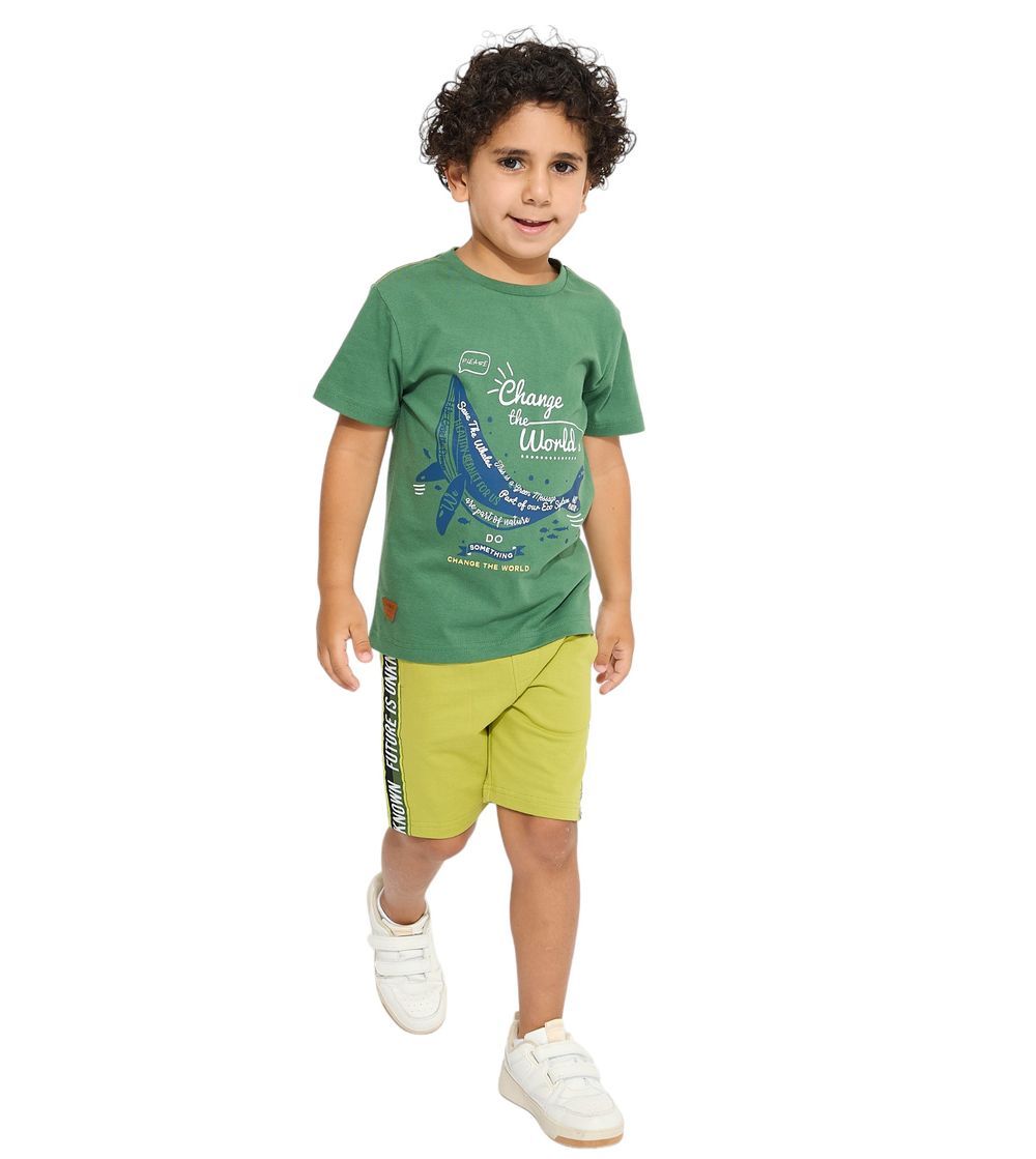 Victor and Jane - Boys' Printed  T-Shirt & Shorts Set - Green & Dark Green