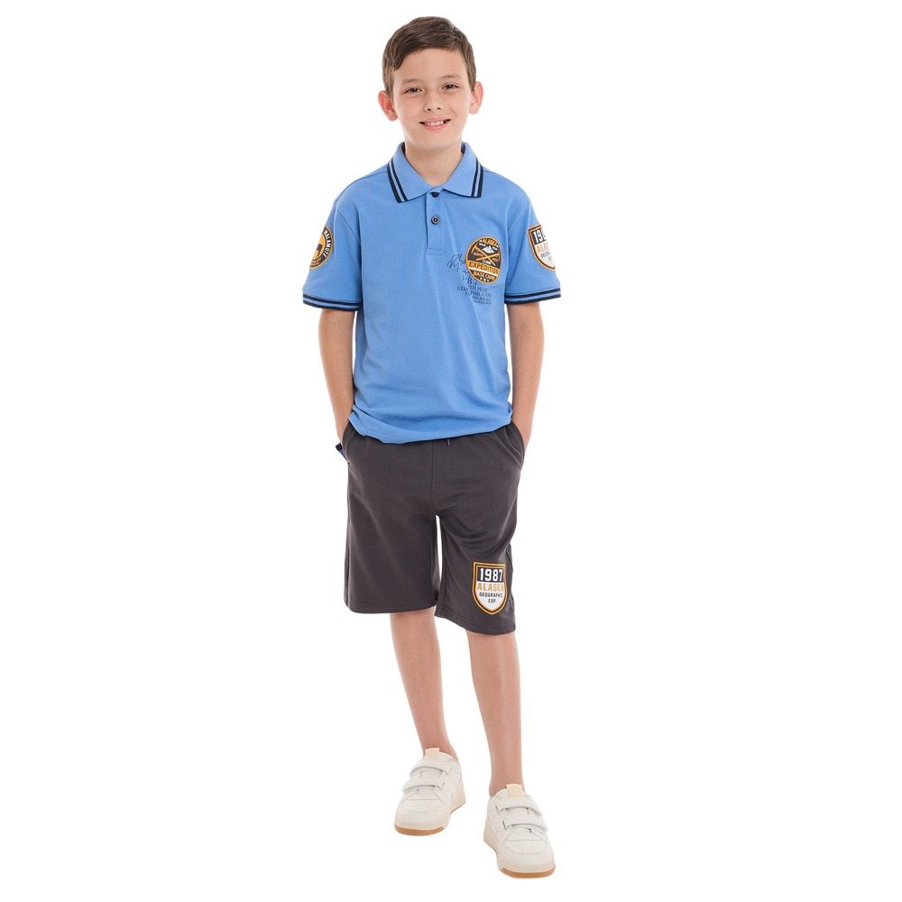 Victor and Jane - 2pc-Set - Boy's Polo T-Shirt And Shorts - Blue/Grey