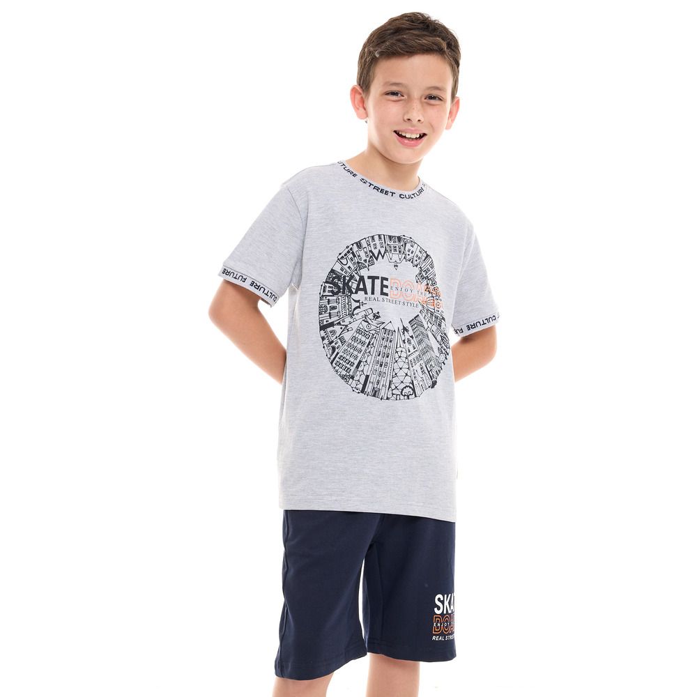 Victor and Jane - 2pc-Set - Boy's T-Shirt And Shorts - Grey/Navy