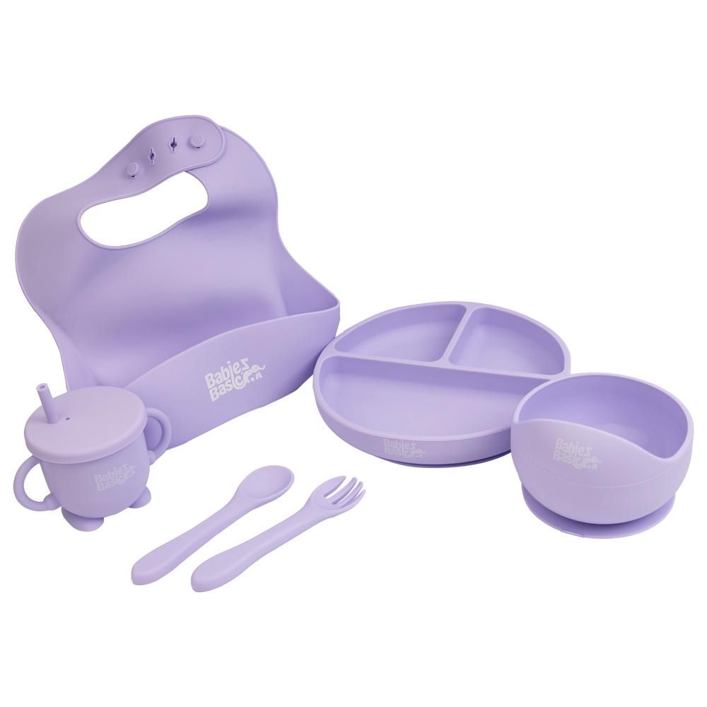 Babies Basic - Silicone Plate, Bowl, Cup,Spoon & Fork Set - 6pcs - Purple