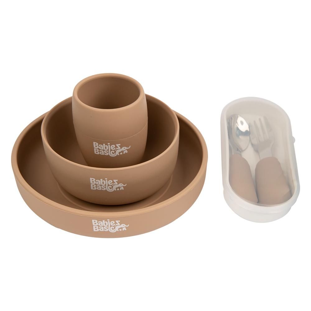 Babies Basic - Silicone Plate, Bowl, Cup And Cutlery With Case Set - Brown - 5pcs