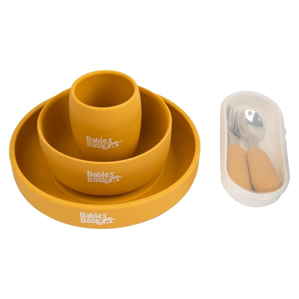 Babies Basic - Silicone Plate, Bowl, Cup And Cutlery With Case Set - Yellow - 5pcs