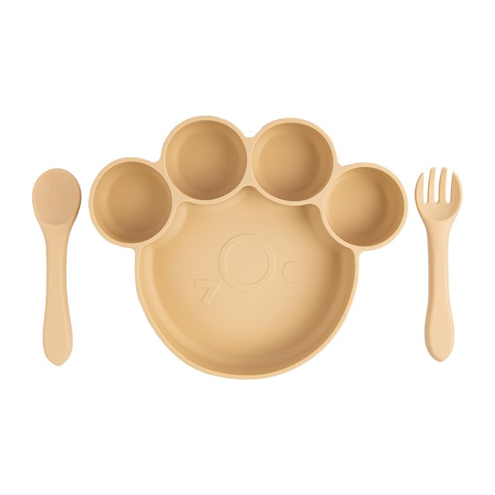 Babies Basic - Bear Shape Silicone Plate, Spoon & Fork Set - 3pcs - Beige