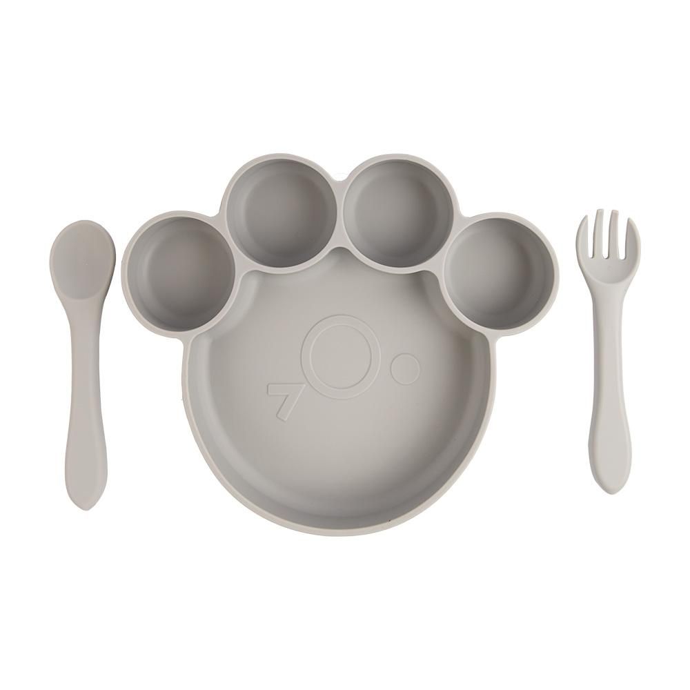 Babies Basic - Bear Shape Silicone Plate, Spoon & Fork Set - 3pcs - Grey