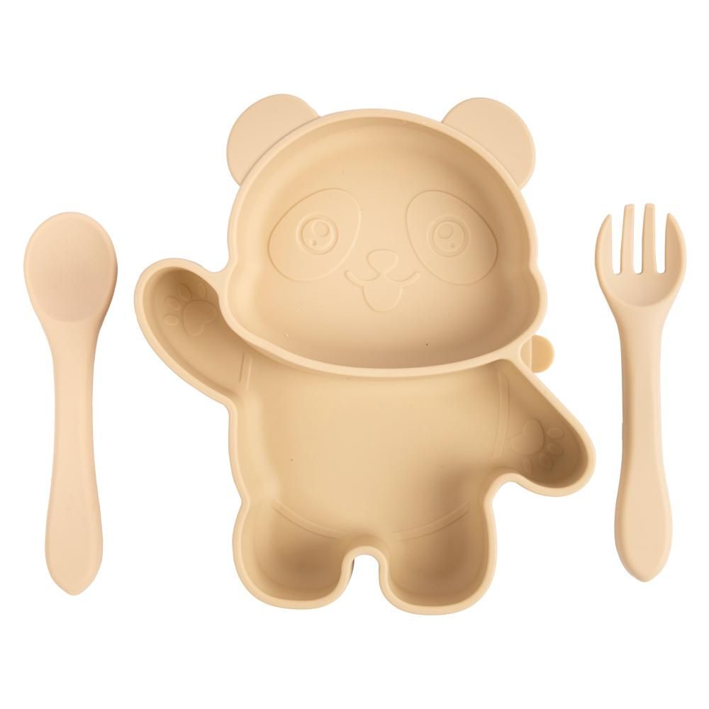 Babies Basic - Panda Shape Silicone Suction Plate With Spoon And Fork - Beige