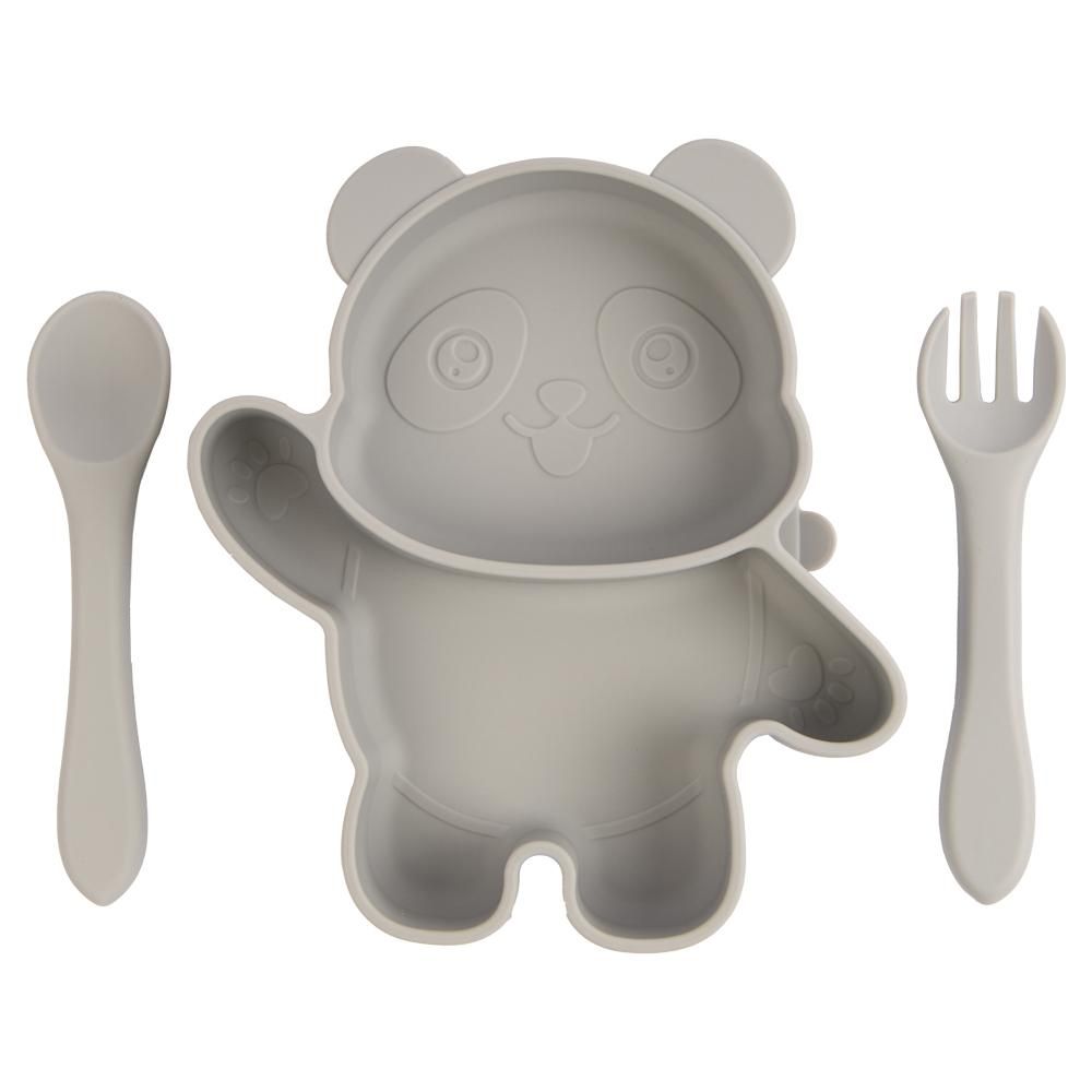 Babies Basic - Panda Shape Silicone Suction Plate With Spoon And Fork - Grey