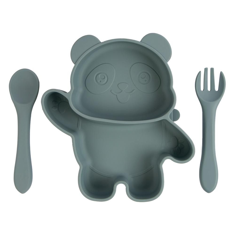 Babies Basic - Panda Shape Silicone Suction Plate With Spoon And Fork - Indigo