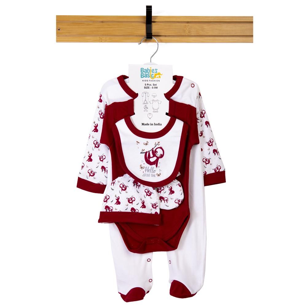 Babies Basic - 5pc Set - Bib, Romper, Mittens, Cap & Sleepsuit - Hello Little One - Maroon