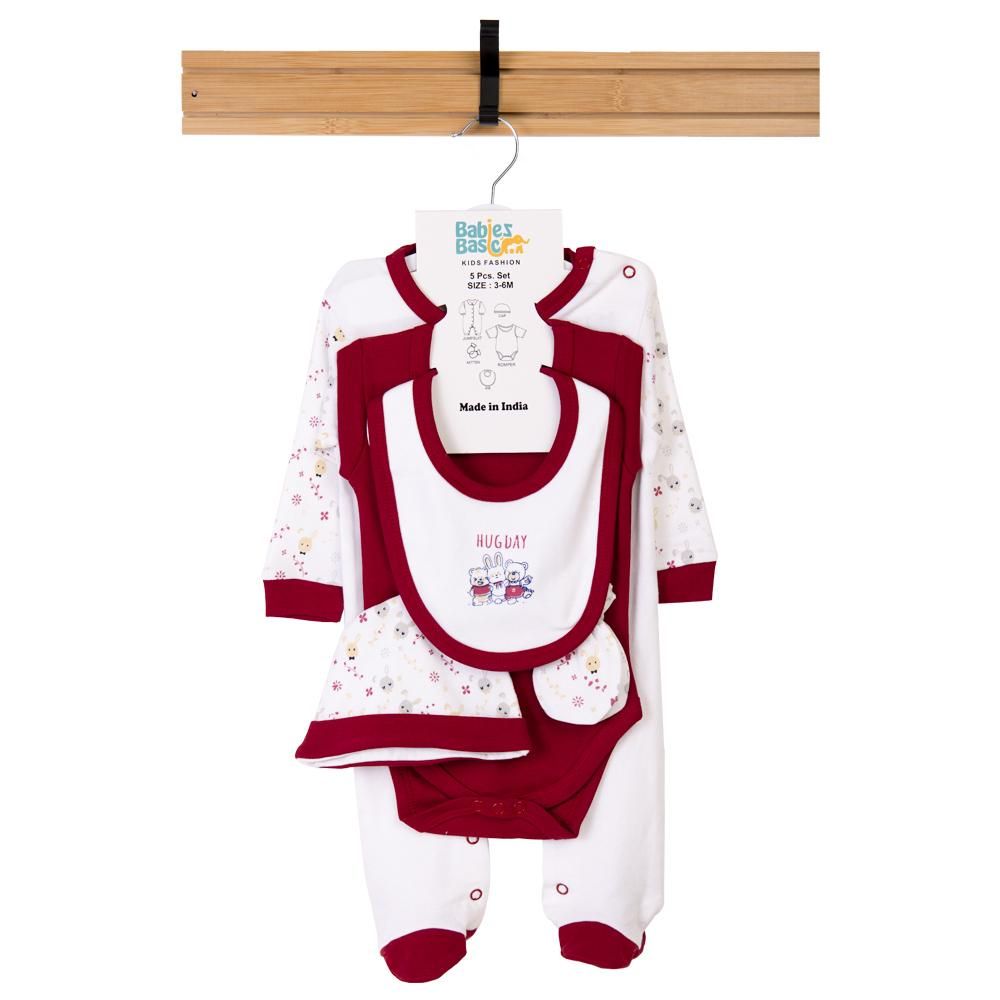 Babies Basic - 5pc Set - Bib, Romper, Mittens, Cap & Jumpsuit - Hug Day - Maroon