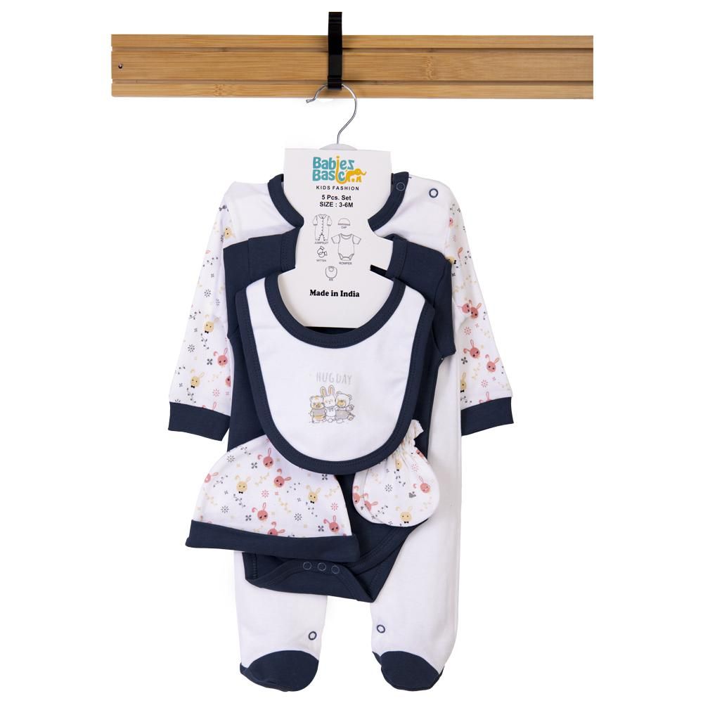 Babies Basic - 5pc Set - Bib, Romper, Mittens, Cap & Jumpsuit - Hug Day - Navy Blue