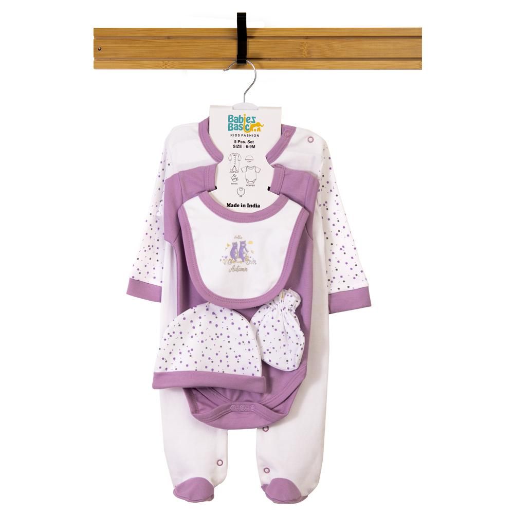 Babies Basic - 5pc Set - Bib, Romper, Mittens, Cap & Jumpsuit - Hello Autumn - Purple