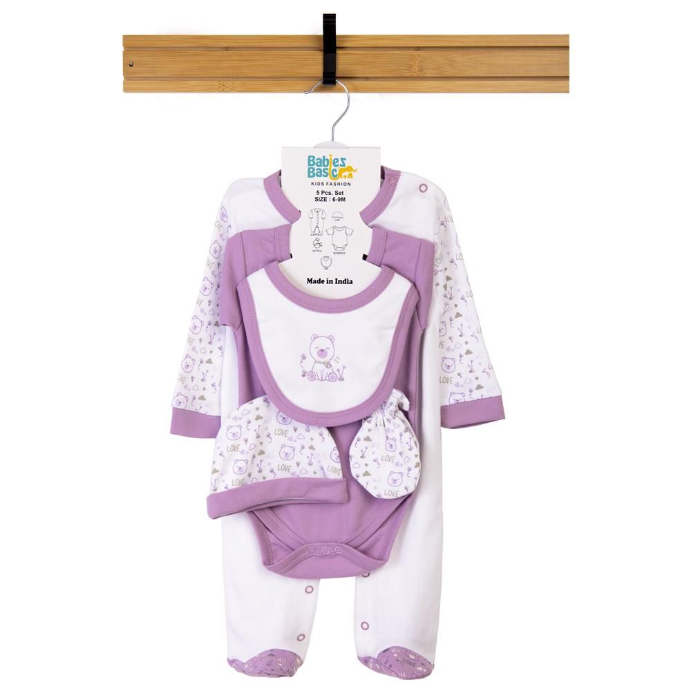 Babies Basic - 5pc Set - Bib, Romper, Mittens, Cap & Jumpsuit - Teddy - Purple