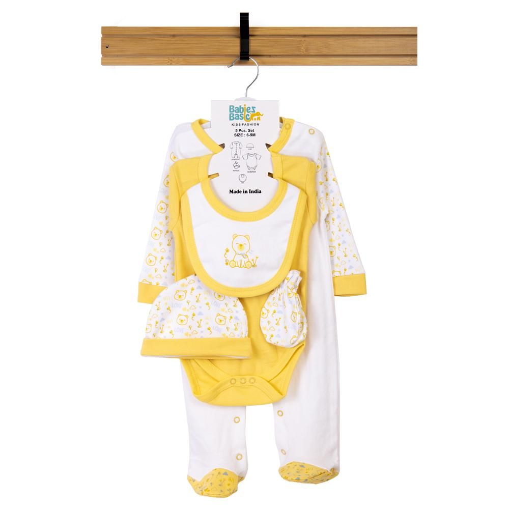 Babies Basic - 5pc Set - Bib, Romper, Mittens, Cap & Jumpsuit - Teddy - Yellow