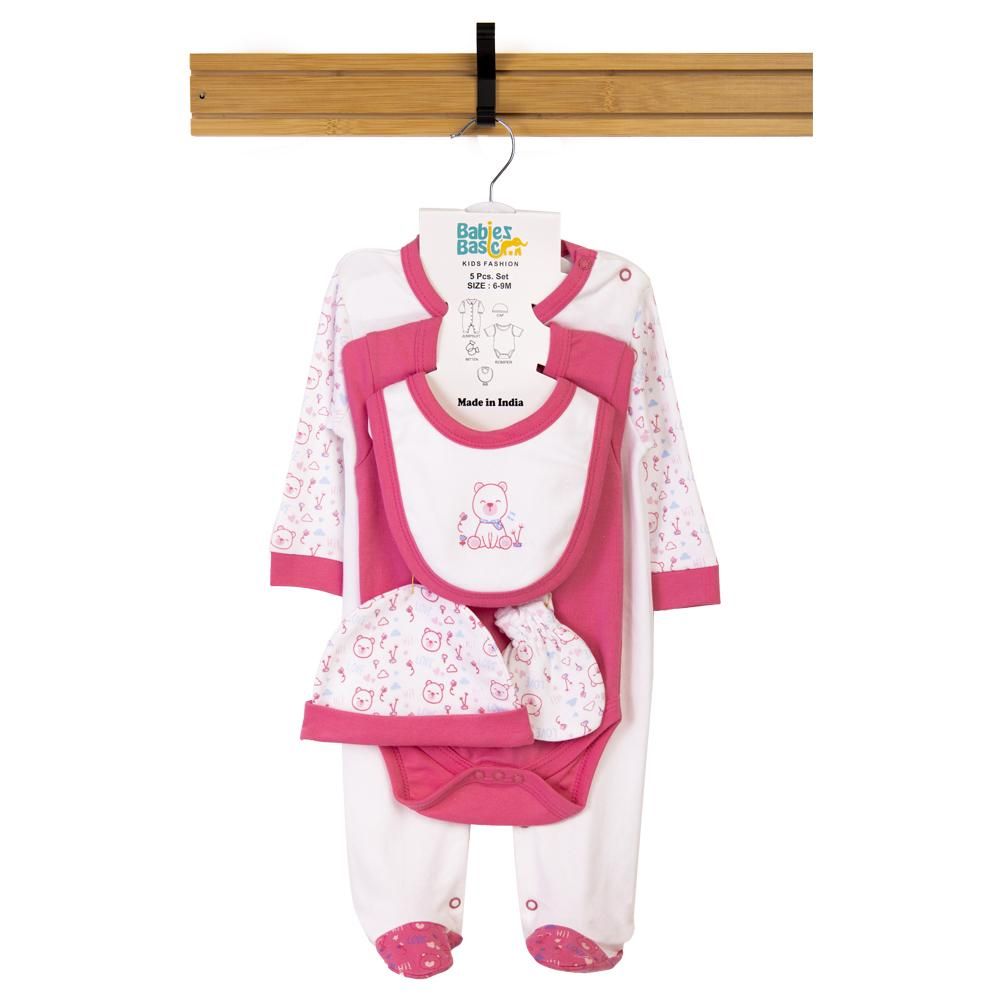 Babies Basic - 5pc Set - Bib, Romper, Mittens, Cap & Jumpsuit - Teddy - Rani Red