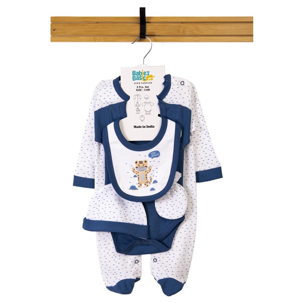 Babies Basic - 5pc Set - Bib, Romper, Mittens, Cap & Jumpsuit - Stay Healthly - Airforce Blue