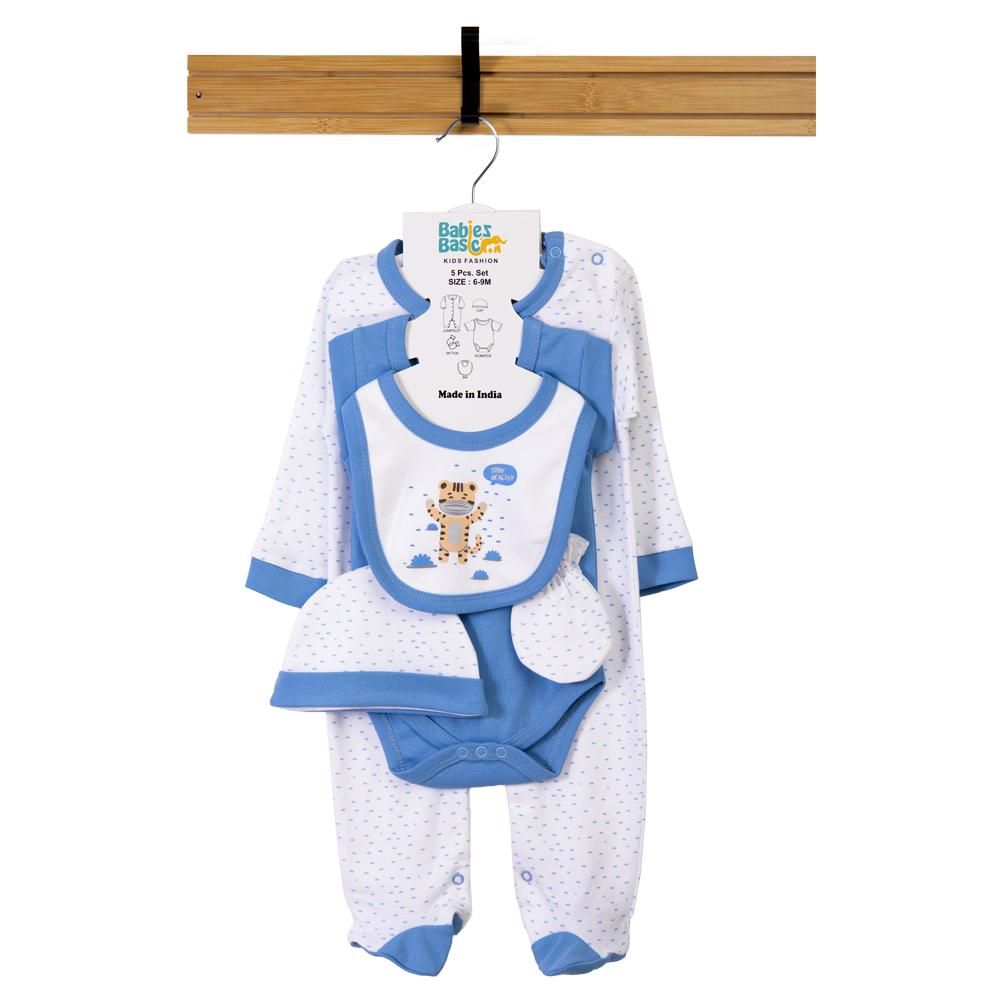 Babies Basic - 5pc Set - Bib, Romper, Mittens, Cap & Jumpsuit - Stay Healthly - Sky Blue