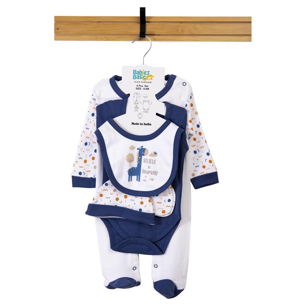 Babies Basic - 5pc Cotton Set - Bib, Romper, Mittens, Cap & Sleepsuit - Believe in Yourself - Blue