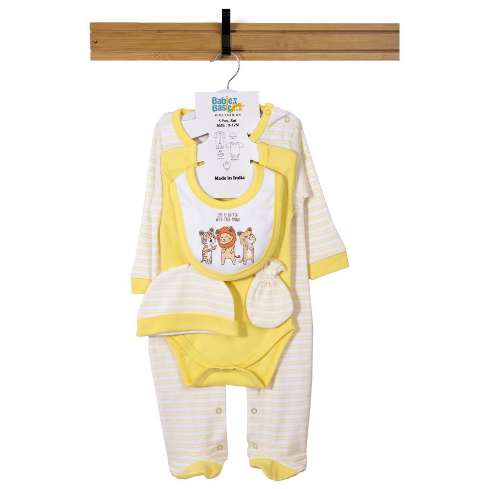 Babies Basic - 5pc Set - Bib, Romper, Mittens, Cap & Sleepsuit - Life is Better - Lemon