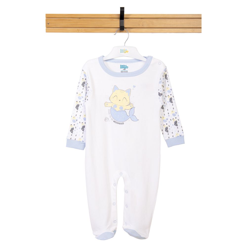 Babies Basic - Printed Long Sleeves Romper/Sleepsuit - White