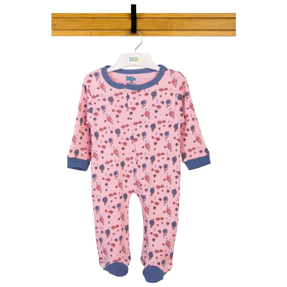 Babies Basic - Printed Long Sleeves Romper/Sleepsuit - Pink