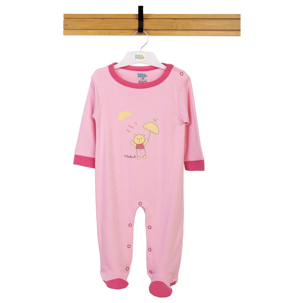 Babies Basic - Printed Long Sleeves Jumpsuit/Romper/Sleepsuit - Dark Pink