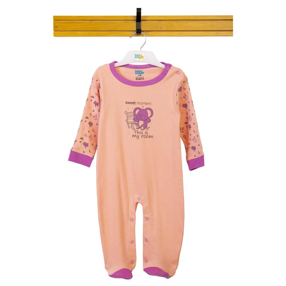 Babies Basic - Printed Long Sleeves Jumpsuit/Romper - Pink/Purple