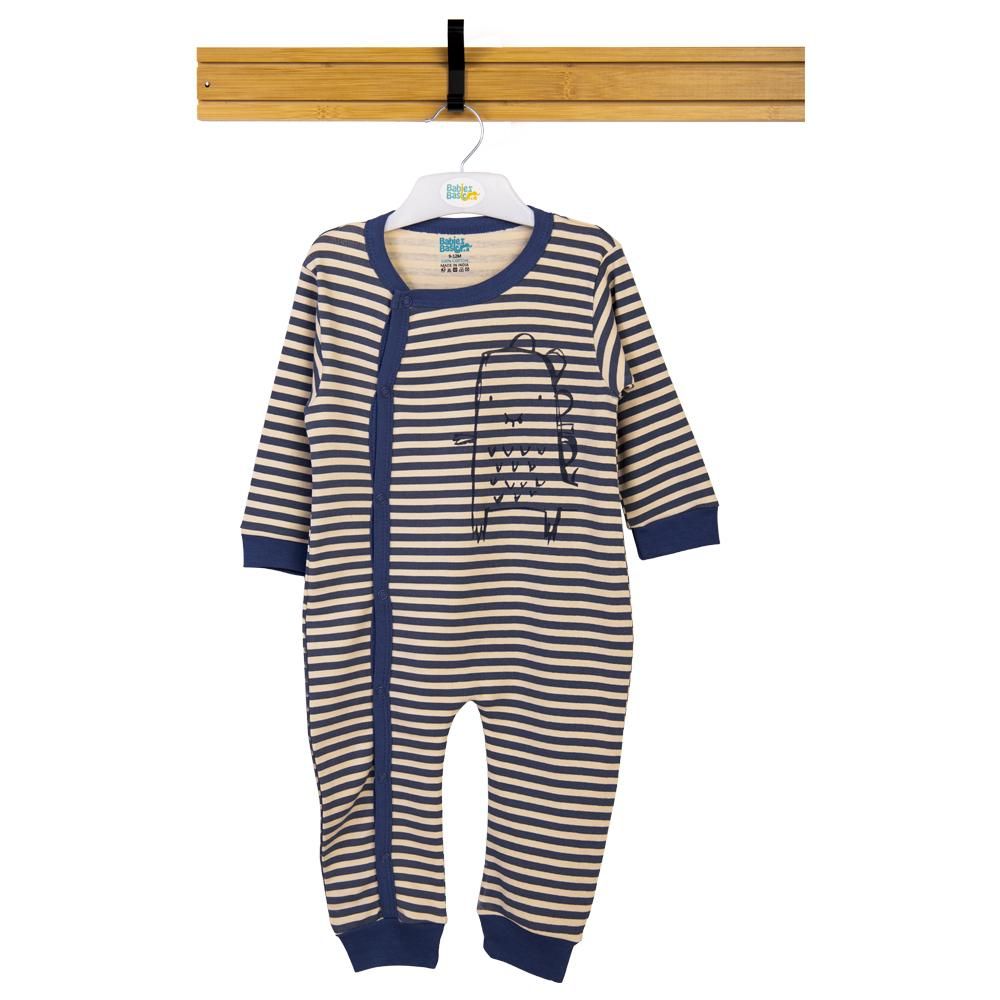 Babies Basic - Printed Long Sleeves Jumpsuit/Romper/Sleepsuit - Beige/Blue