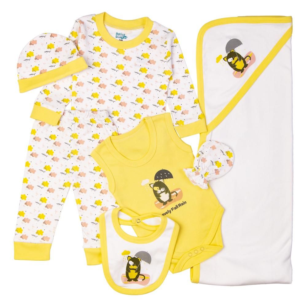 Babies Basic - 7pc Cotton Set - Bib, Romper, Mittens, Blanket, Cap, Top & Pyjama - White/Lemon