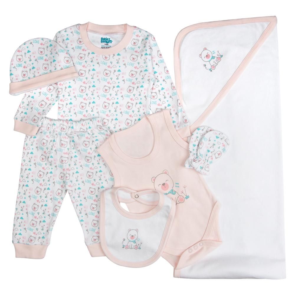 Babies Basic - 7pc Cotton Set - Bib, Romper, Mittens, Blanket, Cap, Top & Pyjama - Teddy Bear - Light Pink