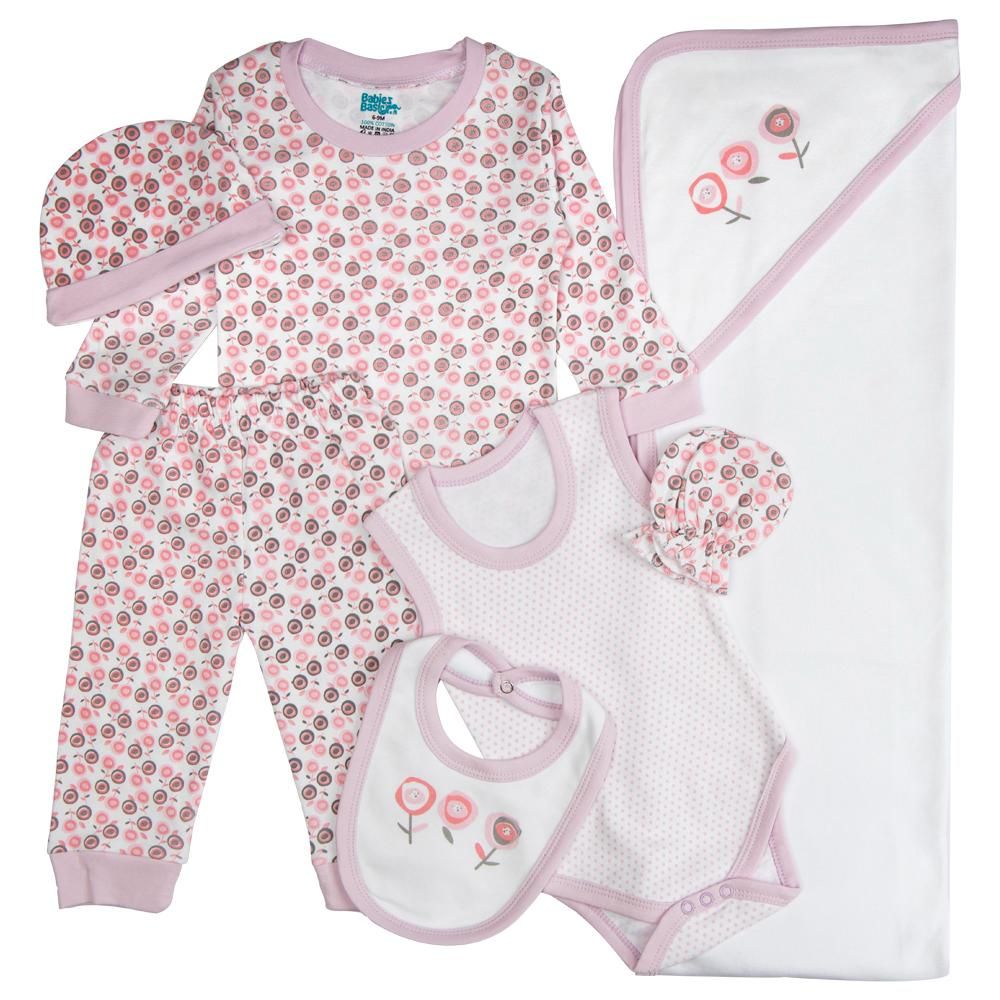 Babies Basic - 7pc Cotton Set - Bib, Romper, Mittens, Blanket, Cap, Top & Pyjama - Flower - Mouve