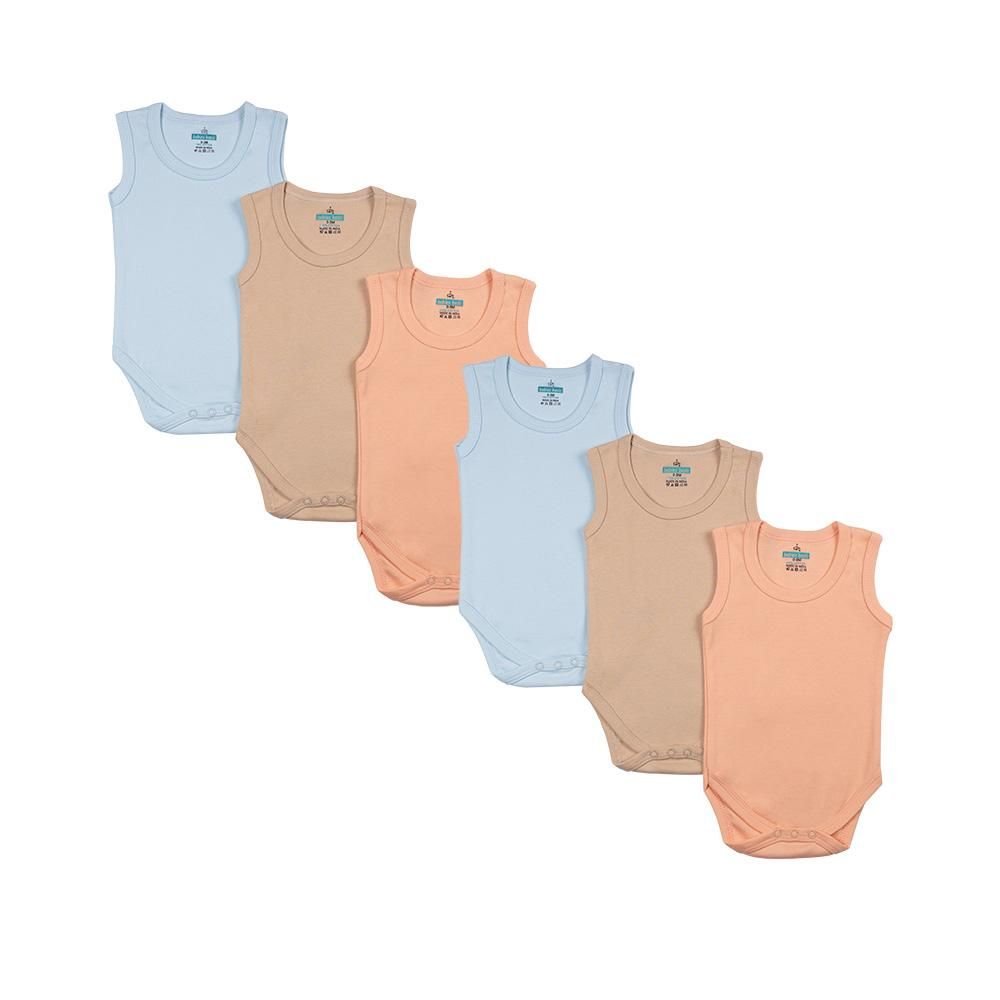 Babies Basic - 6pc-Set - 100% Cotton Boys Sleeveless Bodysuit_Blue/Brown