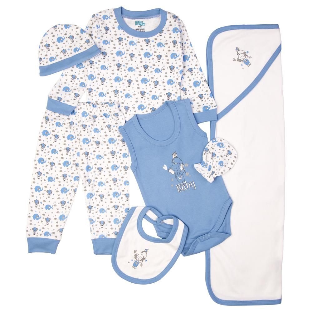 Babies Basic - 7pc Cotton Set - Bib, Romper, Mittens, Blanket, Cap, Top & Pyjama - Elephant - Sky Blue