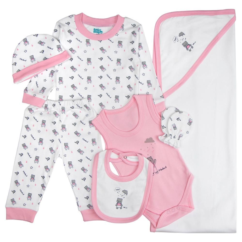 Babies Basic - 7pc Cotton Set - Bib, Romper, Mittens, Blanket, Cap, Top & Pyjama - Teddy Bear - Pink